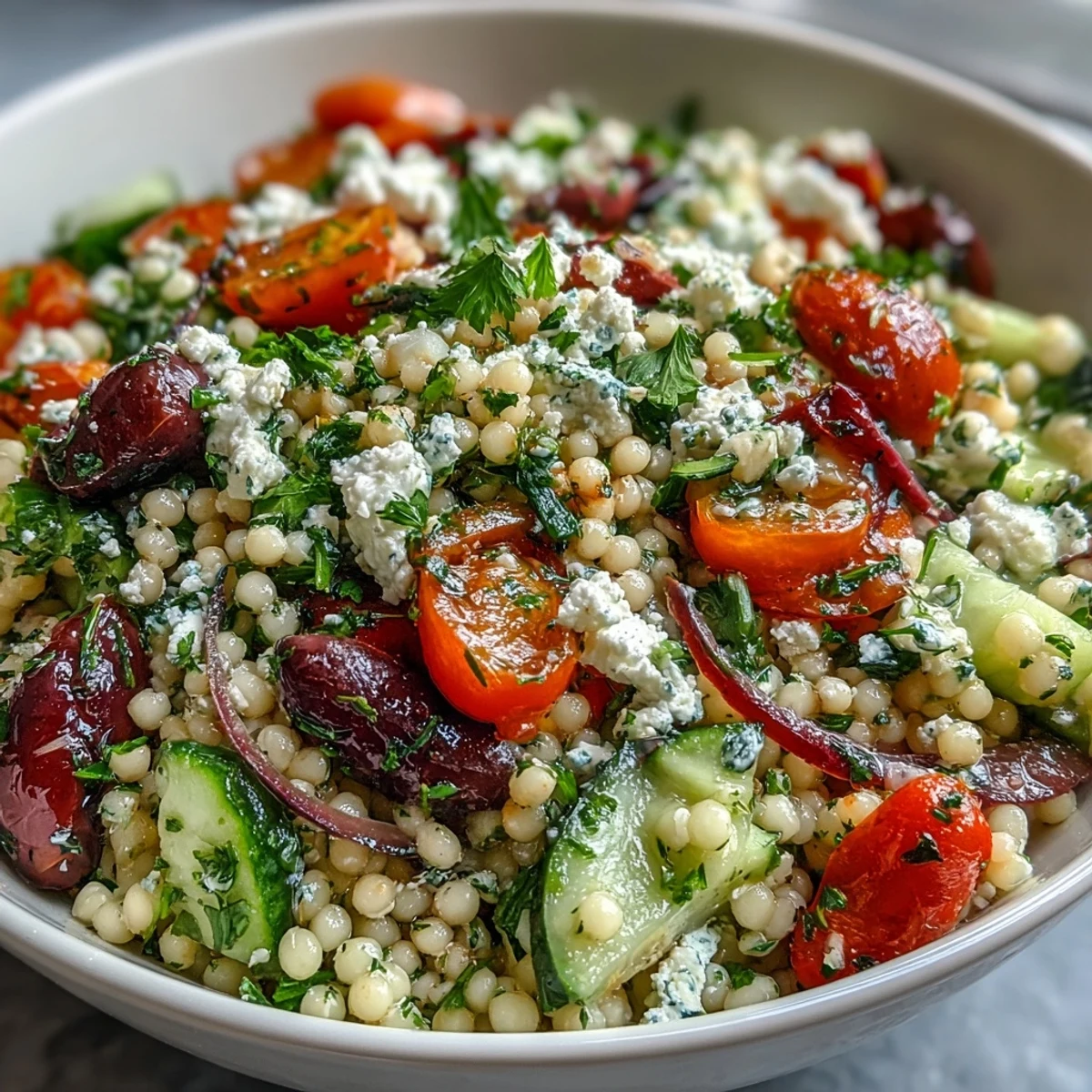 A close-up of a delicious Mediterranean Pearl Couscous dish, serving four, topped with feta and bright vegetables.