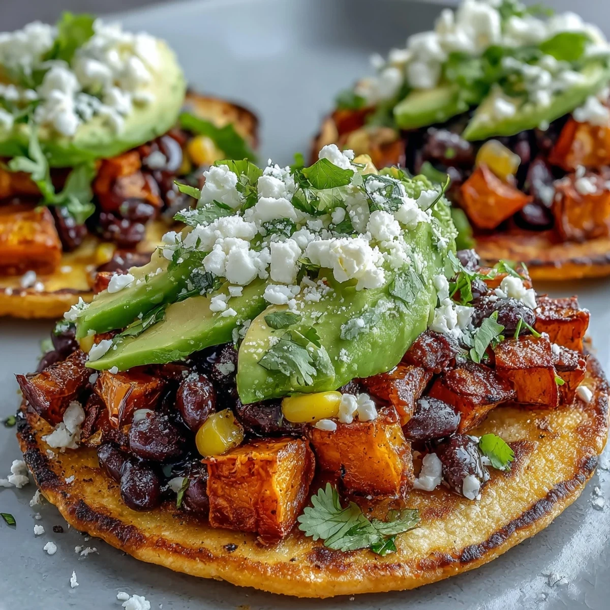 Crispy tostada shells topped with smoky Black Bean and Sweet Potato Tostadas, fresh avocado slices, and a sprinkle of feta.