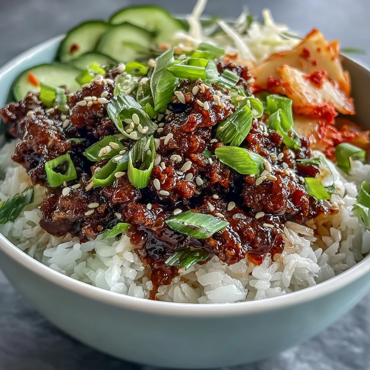 A close-up of a Korean Beef Bowl with seasoned beef, pickled vegetables, and radish slices over white rice.
