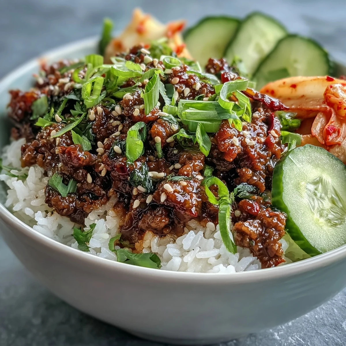 A colorful Korean Beef Bowl with gochujang beef, pickled carrots, radish, and chopped kimchi over steamed rice.