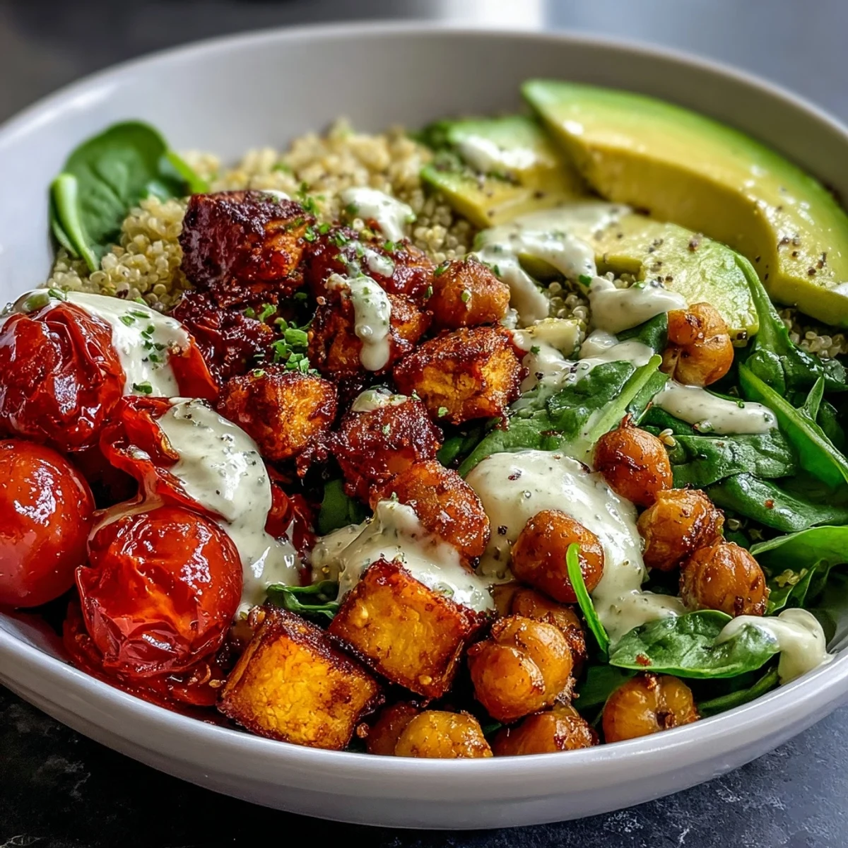 Vibrant Buddha Bowl with Quinoa, roasted sweet potatoes, crispy chickpeas, fresh veggies, and a creamy garlic tahini dressing.