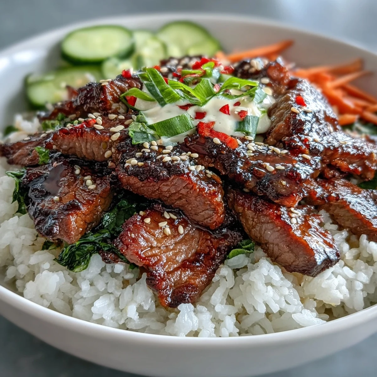 Korean Beef Power Bowl features tender marinated beef and vibrant toppings, drizzled with creamy sriracha mayo for a spicy kick.
