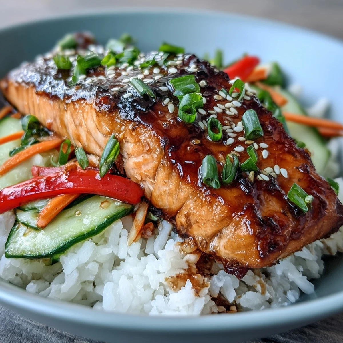 Flaky soy-ginger glazed salmon rests on fluffy white rice in an Asian-Inspired Salmon Bowl, garnished with sesame seeds and scallions.