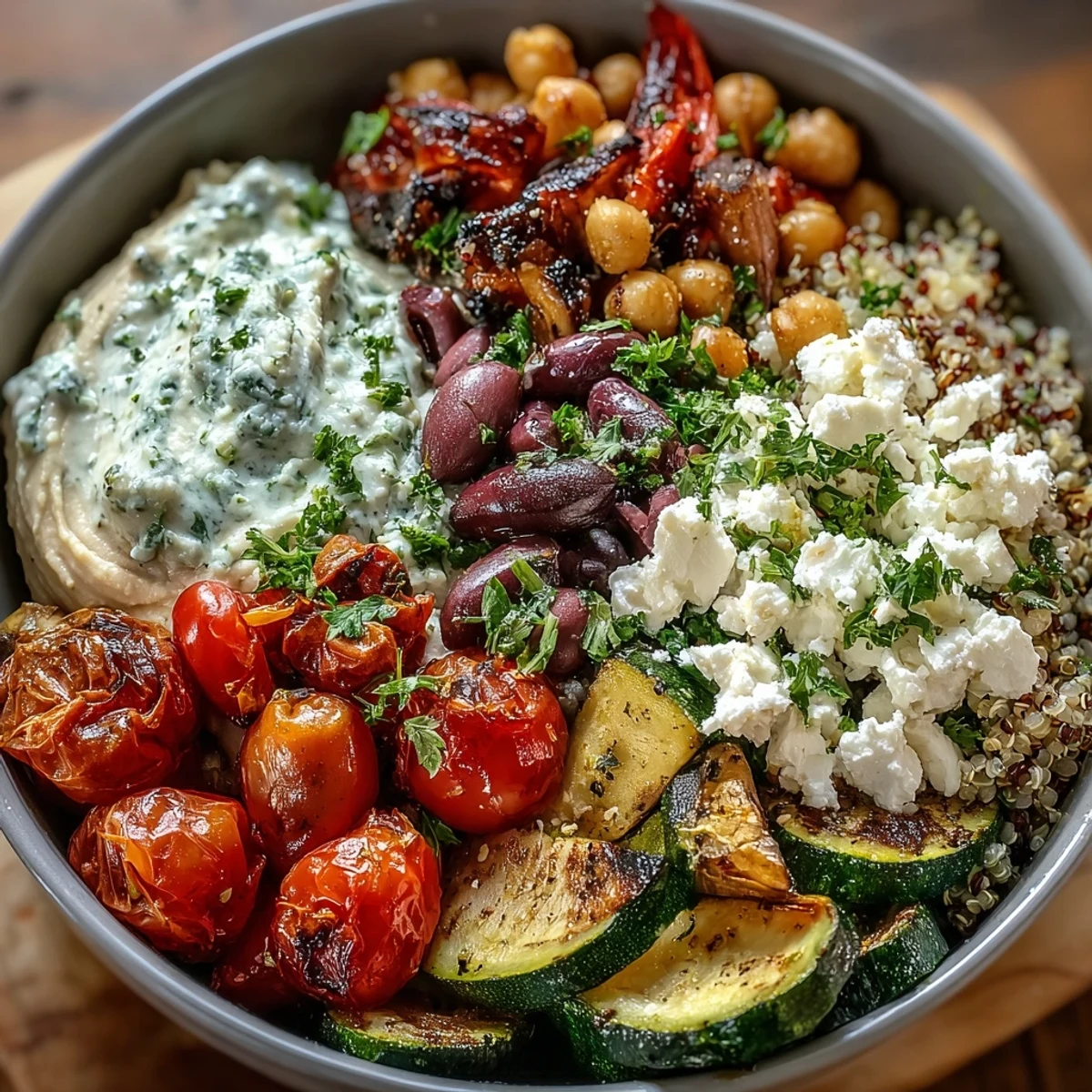 Colorful Mediterranean Buddha Bowl on a white plate, featuring fluffy quinoa, tangy Greek yogurt, and bright lemon wedges for squeezing.