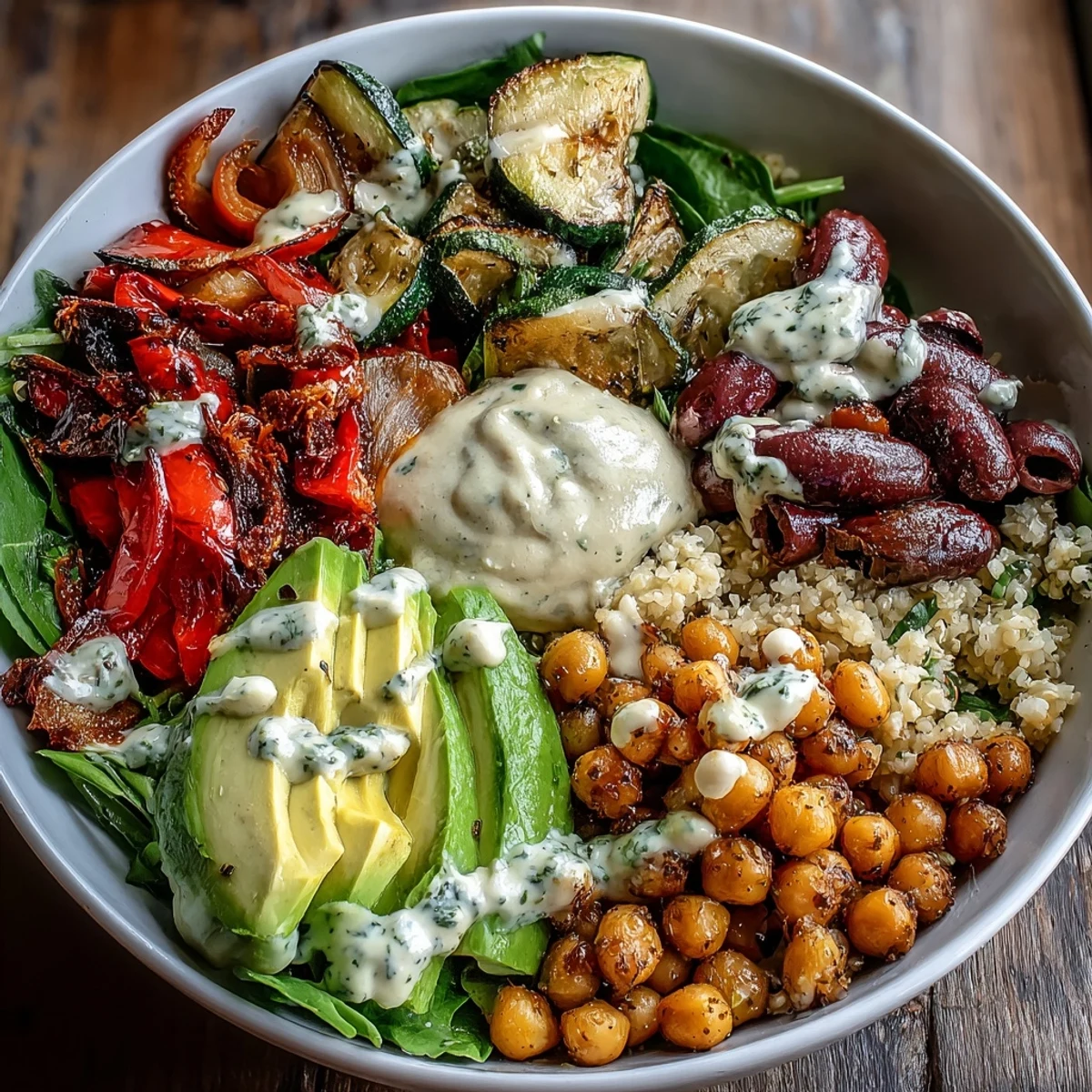 A top-down view of a Vegan Mediterranean Buddha Bowl with greens, olives, and a drizzle of tahini dressing.