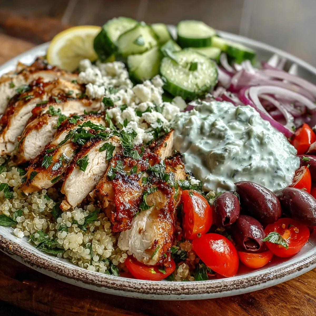 Brightly colored Greek Chicken Power Bowl with juicy grilled chicken, fluffy quinoa, fresh veggies, and a dollop of creamy tzatziki sauce.