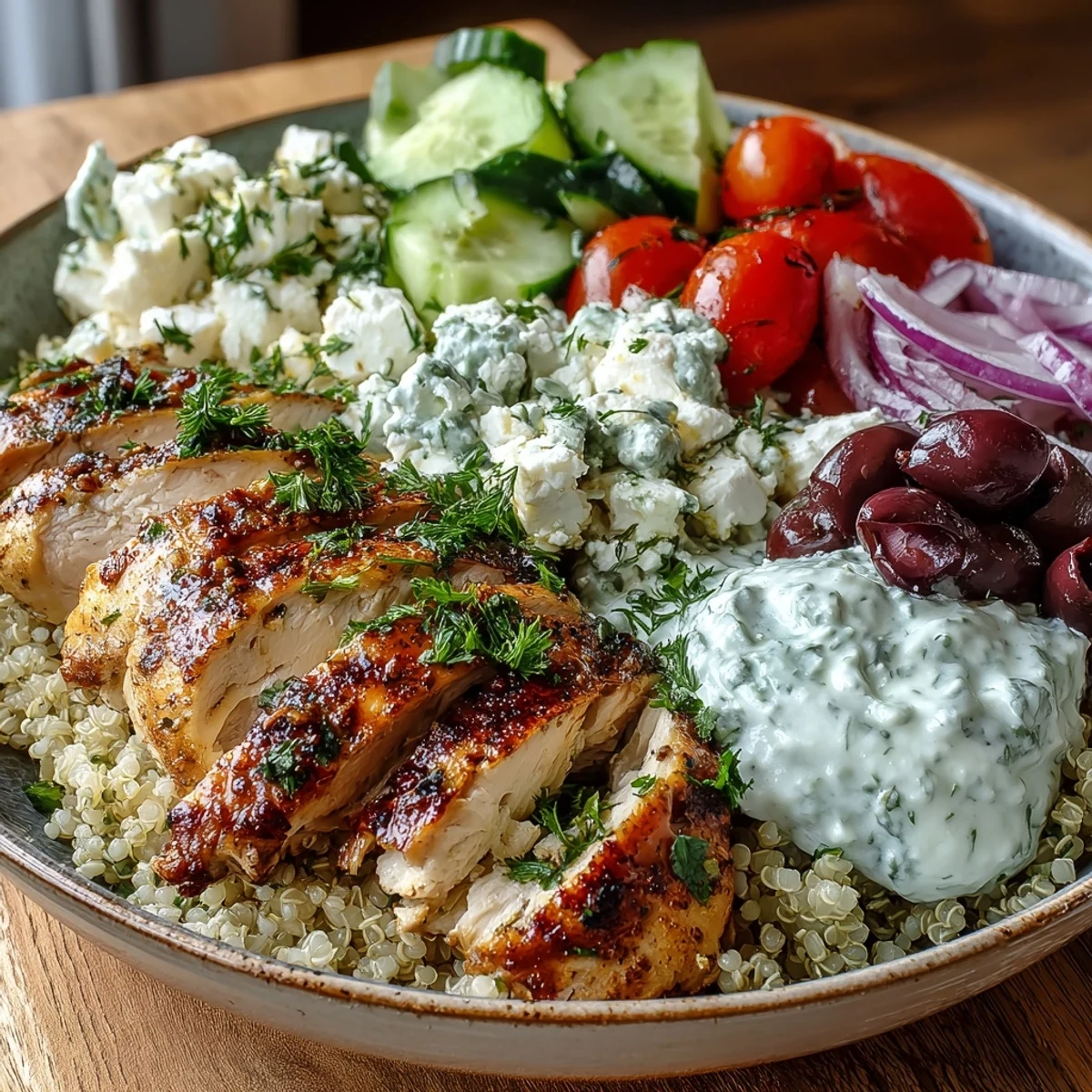 Vibrant Greek Chicken Power Bowl topped with creamy tzatziki, fresh parsley, and lemon wedges, ready to be enjoyed for dinner.