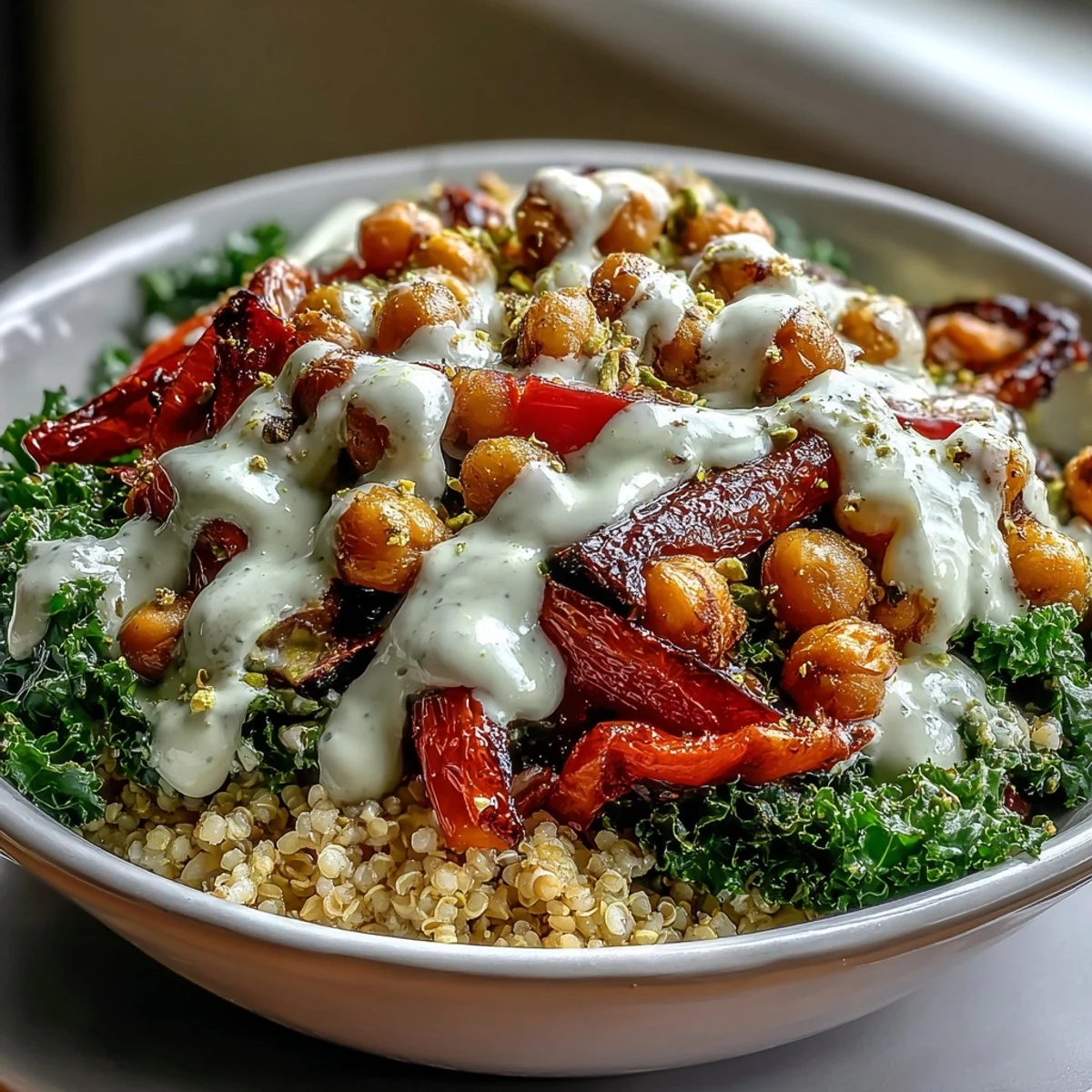 Colorful Mediterranean Buddha Bowl Meal Prep features bulgur pilaf with pistachios, roasted vegetables, and chickpeas, ready to enjoy with a generous drizzle of tangy tahini dressing.