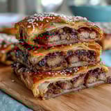 Classic pigs in a blanket with mustard dip, golden puff pastry wrapped around cocktail sausages for a perfect game day snack.