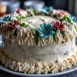 Elegant layered vanilla cake adorned with floral buttercream, celebrating Taurus and graduation themes in a stunning dessert centerpiece.