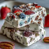 A refreshing frozen yogurt bark with berries and granola, perfect for a light, nutritious snack on hot days.