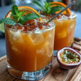 Refreshing passionfruit and orange mocktail with grenadine creating a stunning sunrise effect.  