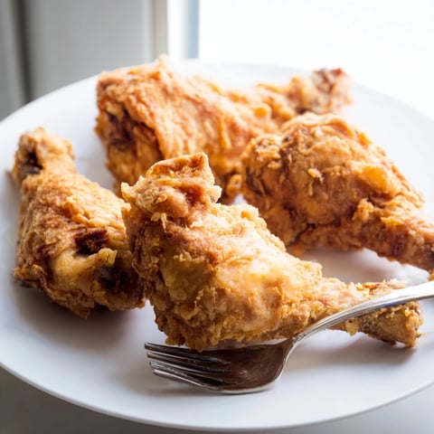 Golden brown, crispy Fried Chicken pieces resting on a wire rack after deep frying. 