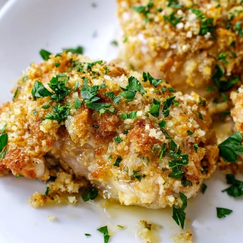 Golden-brown Roasted Garlic Parmesan Chicken breasts on a white plate, garnished with fresh parsley, showcasing the crispy Parmesan crust and tender meat inside.