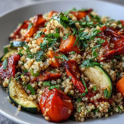 Colorful roasted vegetables like zucchini, bell peppers, and cherry tomatoes mingle with fluffy quinoa in this vibrant vegetable pilaf.  