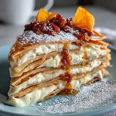Tangy blood orange curd and whipped cream layered between delicate crêpes for a stunning dessert.