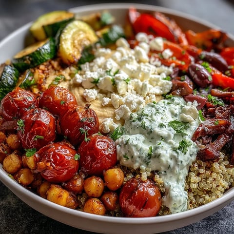 Mediterranean Buddha Bowl filled with roasted zucchini, bell pepper, and chickpeas, topped with creamy hummus, feta, and fresh parsley.
