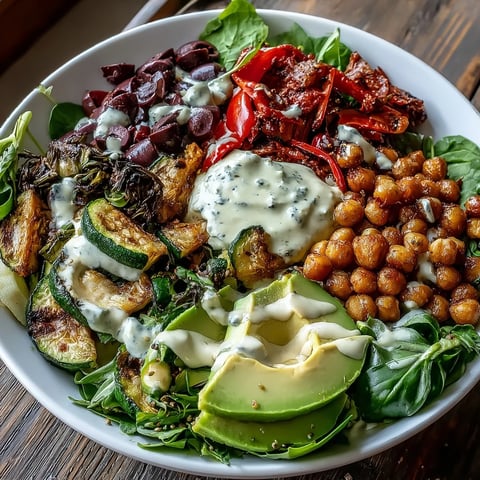 Freshly roasted Mediterranean vegetables, chickpeas, and creamy avocado create a colorful Vegan Mediterranean Buddha Bowl.
