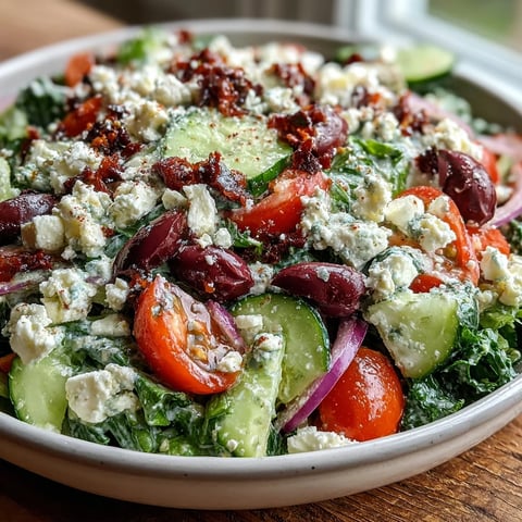 Freshly tossed Greek Salad Bowl with crisp romaine, briny Kalamata olives, and creamy crumbled feta, drizzled with tangy vinaigrette.