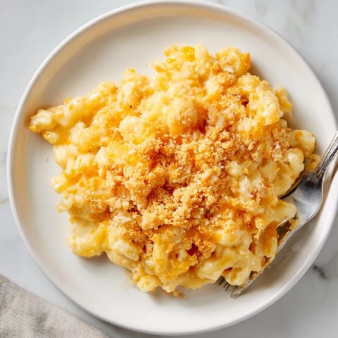 Tender macaroni noodles are generously coated in a thick, velvety cheddar cheese sauce, ready to be served as a hearty side dish.