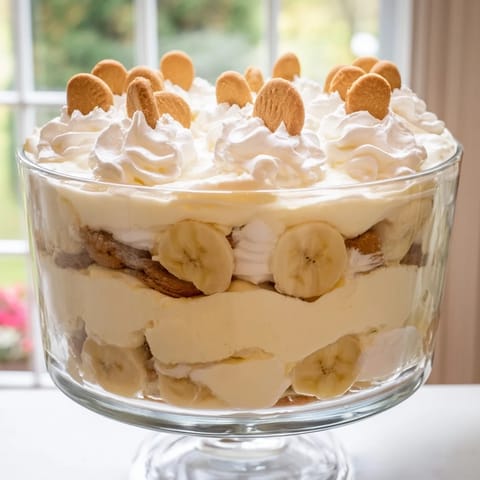 A trifle bowl filled with homemade Banana Pudding, crowned with a generous dollop of sweet whipped cream.