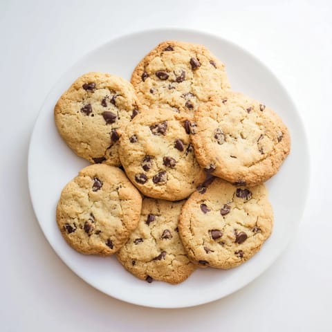 Four warm Chocolate Chip Cookies stacked on a white plate, with a glass of milk for dipping.