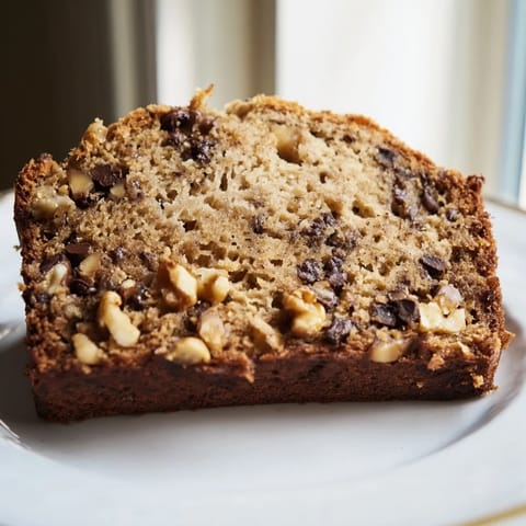 A freshly baked banana bread loaf with golden crust, sliced to reveal moist interior with chocolate chips and walnuts.
