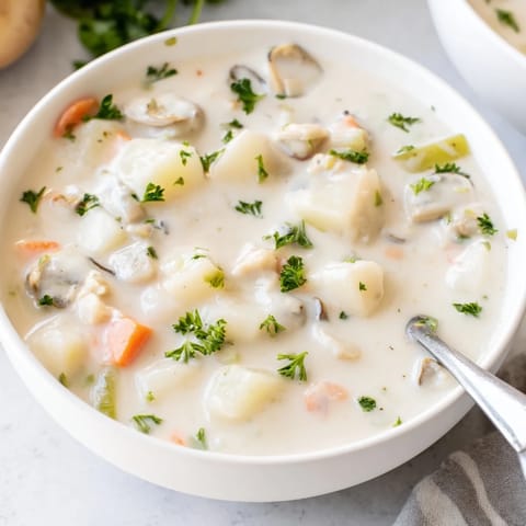 A hearty bowl of homemade New England clam chowder, featuring tender clams and potatoes in a rich, creamy broth.