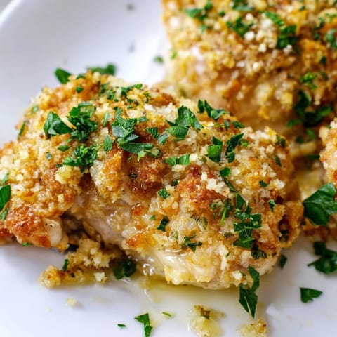 Golden-brown Roasted Garlic Parmesan Chicken breasts on a white plate, garnished with fresh parsley, showcasing the crispy Parmesan crust and tender meat inside.