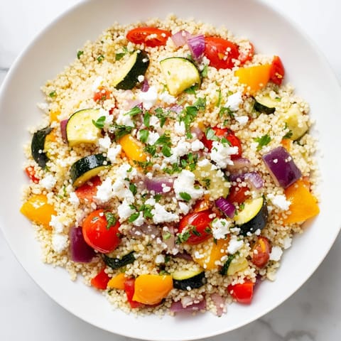 A vibrant Mediterranean roasted veggie couscous salad topped with crumbled feta cheese and toasted pine nuts, served warm or at room temperature.  