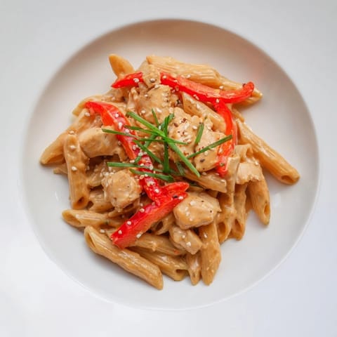 A close-up of Sweet Chili Chicken Pasta with vibrant red bell peppers and sesame seeds.  