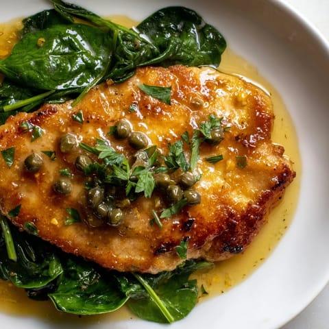 Spinach Lemon Butter Chicken plated over tender spinach, with fresh parsley and lemon slices for a zesty, elegant main dish.