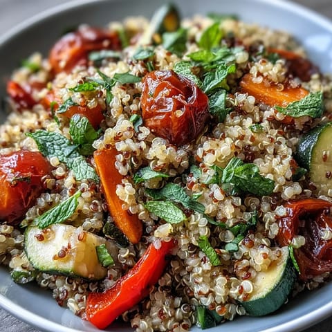 A hearty skillet of quinoa vegetable pilaf features golden roasted veggies, fresh herbs, and a bright lemon finish.  