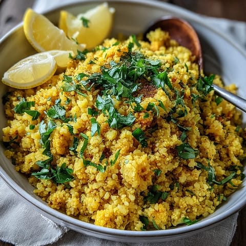 A vibrant bowl of Turmeric Cauliflower Rice, golden with aromatic spices and topped with fresh cilantro and a bright lemon wedge.  
