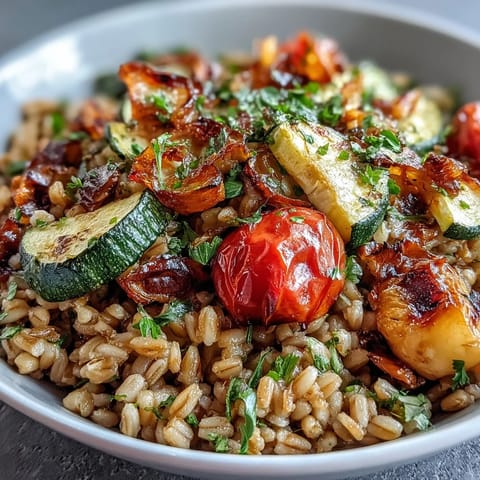 A wholesome bowl of Farro With Roasted Vegetables tossed in a balsamic glaze, perfect as a hearty vegetarian main dish.