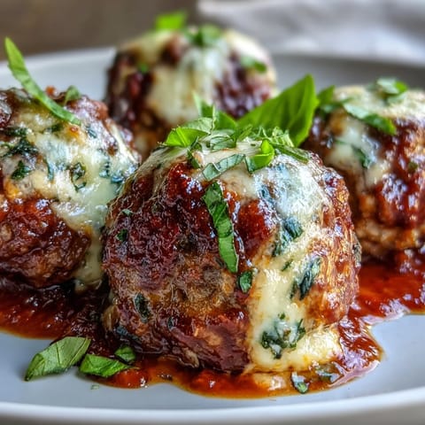 Golden-brown, cheese-filled Cheesy, Garlicky Meatballs With Marinara simmer in a rich red sauce, garnished with fresh basil.