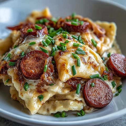 Crockpot Pierogi Casserole With Kielbasa served bubbling from the slow cooker with melted cheddar and fresh chives on top.