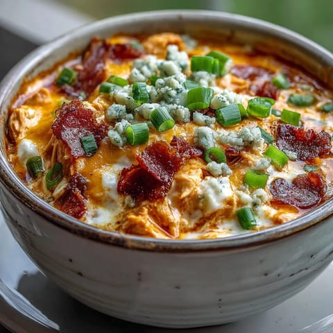 Thick and hearty Crock Pot Buffalo Chicken Dip Soup garnished with parsley and cheddar, steaming beside celery sticks.