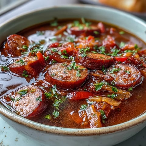 Hearty Crock Pot BBQ Cocktail Sausage Soup served in a rustic bowl, topped with parsley and ready to enjoy.