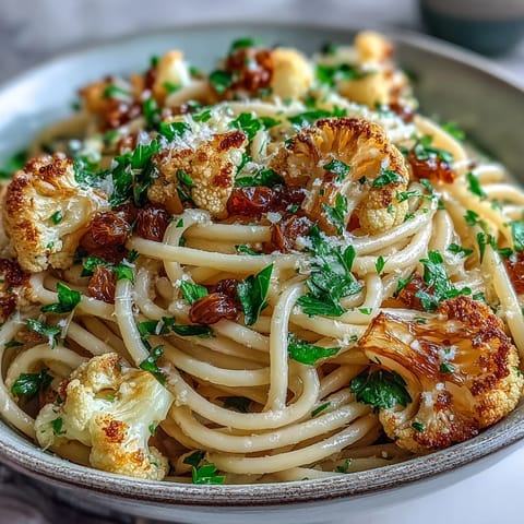 Plated Cauliflower, Anchovy and Raisin Spaghetti garnished with lemon zest and a drizzle of olive oil, ready to eat.