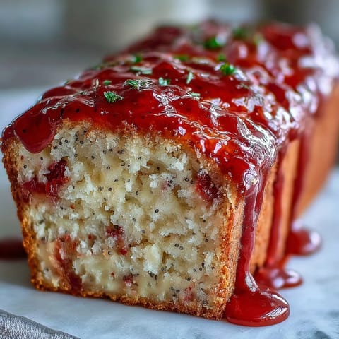 Freshly glazed Blood Orange Loaf Cake with poppy seeds and marzipan, garnished with zest and served on a floral plate.