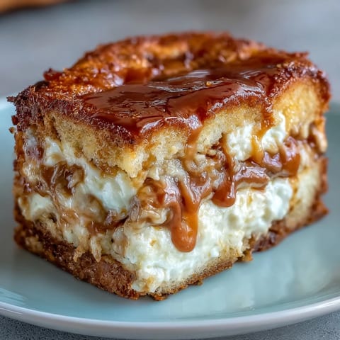Slices of Caramel Cream Cheese Bread reveal a moist crumb and ribbon of caramel on a rustic serving board.