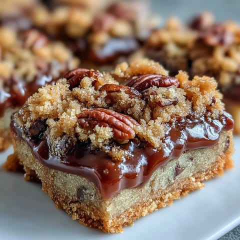 Freshly baked Decadent Sweet and Chewy Turtle Bars display a buttery crumb topping and rich caramel drizzle.