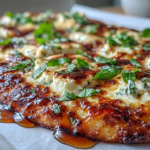 A close-up of Hot Honey Ricotta Pizza showing thick, fluffy crust, melted cheese, fresh basil leaves, and warm spicy honey drizzle for a sweet-heat finish. 