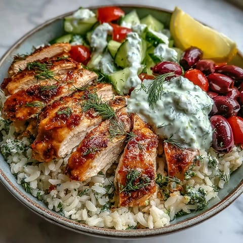 Bright Mediterranean Greek Chicken Bowl featuring grilled slices, crisp salad, briny olives, and fluffy herbed rice.