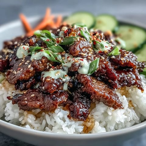 A close-up of Korean Beef Power Bowl with sesame-ginger beef, fluffy rice, pickled carrots, cucumber, and spicy jalapeños.