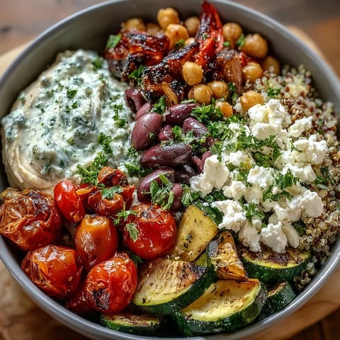 Colorful Mediterranean Buddha Bowl on a white plate, featuring fluffy quinoa, tangy Greek yogurt, and bright lemon wedges for squeezing.