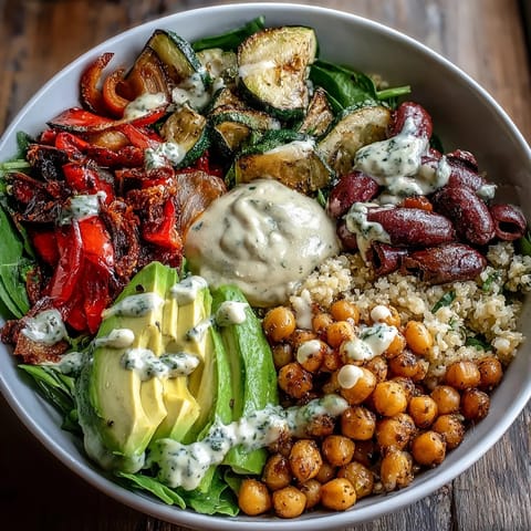A top-down view of a Vegan Mediterranean Buddha Bowl with greens, olives, and a drizzle of tahini dressing.