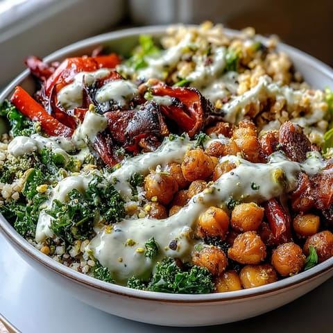 Vibrant Mediterranean Buddha Bowl Meal Prep showcases golden roasted eggplant, steamed kale, sweet peppers, zucchini, and chickpeas topped with creamy tahini dressing for a healthy lunch.