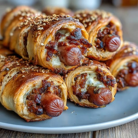 Bite-sized hot dogs wrapped in flaky crescent roll dough, golden and warm, perfect for game day snacking.